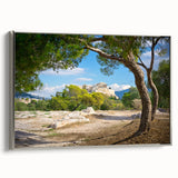 Framed canvas of a vintage Athens landscape with colorful art on black background, ideal for living room decor.