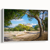 Vintage poster art of Athens with colorful imagery on a large framed canvas, ideal for living room decor.
