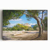Black and white photograph of Athens scenery on stretched canvas, ideal for kitchen wall art or bedroom.