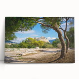 Black and white photo of Athens landscape on stretched canvas, ideal for kitchen art.