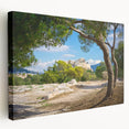 Large art of Athens skyline on stretched canvas, featuring muted earth tones, ideal for kitchen wall art.