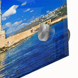 Large abstract wall art depicting the Crete, Greece scenery in muted earth tones on acrylic glass.