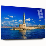 Acrylic print of a large abstract depiction of Crete, Greece, in vibrant blue and white tones.