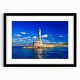Extra large abstract art print depicting a colorful, textured scene of Crete, Greece, in a black frame.