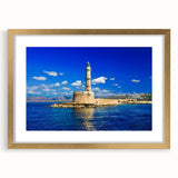 Abstract art print of a European scenery in Crete with muted gold and blue tones on a framed canvas.