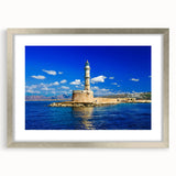 Extra large abstract art print of a textured European scenery in Crete, with muted earth tones on a framed silver mat.