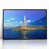 Large abstract wall art depicting a Crete, Greece scenery in mid-century modernist style, framed in black acrylic.