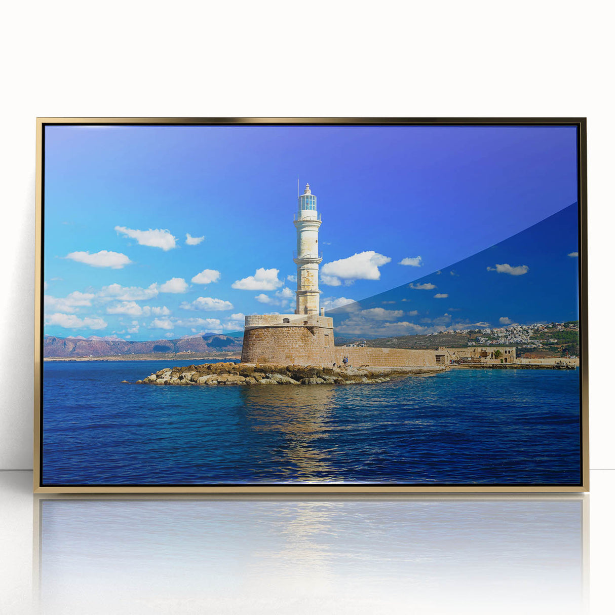 Acrylic print featuring a serene Crete landscape in soft blue and white tones, ideal for modern art wall decor.