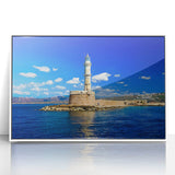 Mid-century modernist art depicting the Crete coastline in pastel shades on a white framed acrylic.