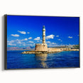 Black and white landscape art painting of Crete, Greece on framed canvas, ideal for bedroom wall decor.