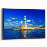 Black and white landscape art painting of Crete, Greece on framed canvas, ideal for bedroom wall decor.