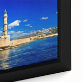 Extra large framed canvas of a textured Crete, Greece scenery in black with colorful accents, ideal for living room decor.