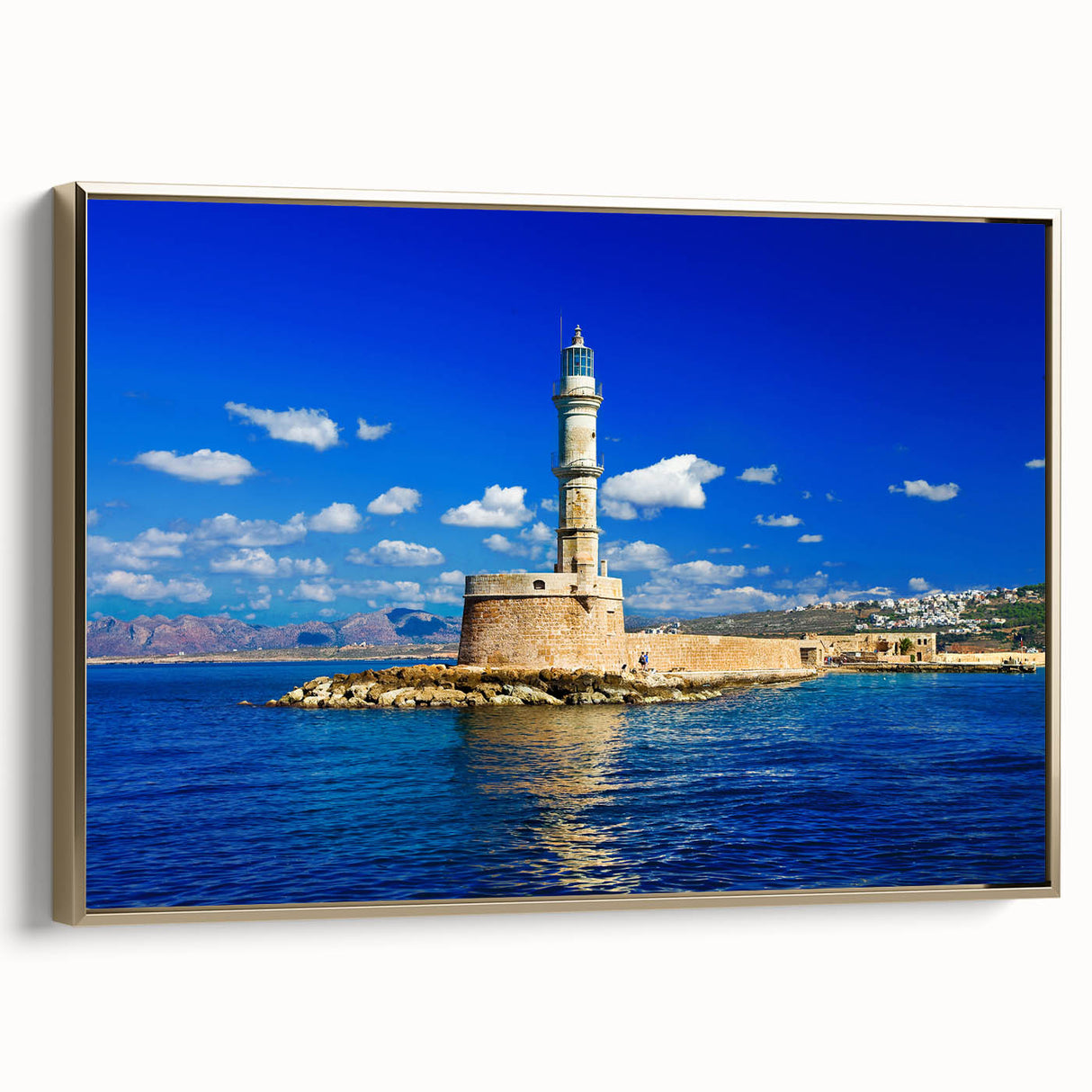 Framed canvas depicting a vintage-style landscape of Crete, Greece, in gold and black tones, ideal for bedroom wall art.
