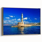 Framed canvas depicting a vintage-style landscape of Crete, Greece, in gold and black tones, ideal for bedroom wall art.