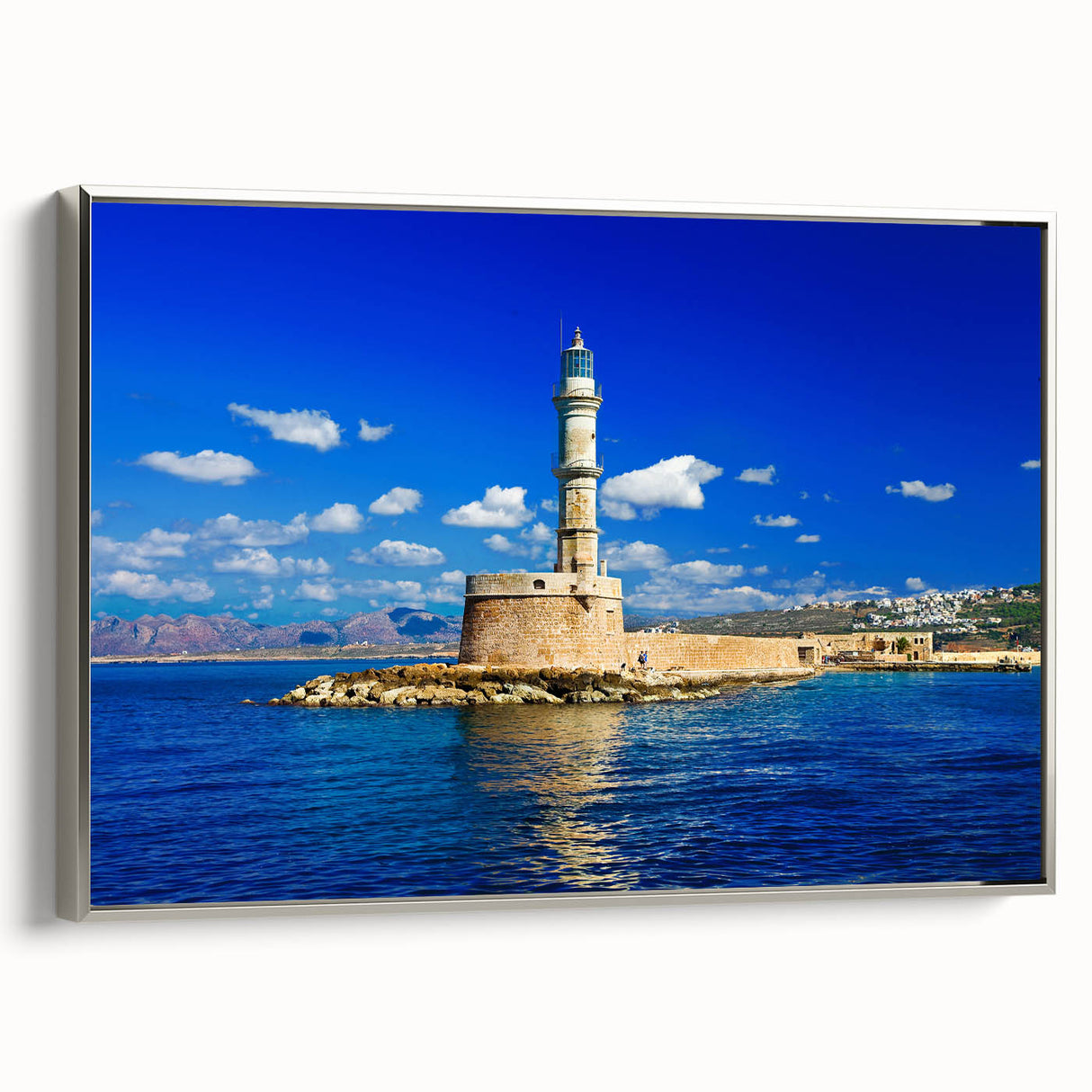 Framed canvas landscape art painting featuring a vintage-style Greek Crete scenery in colorful tones.