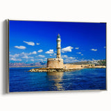 Framed canvas landscape art painting featuring a vintage-style Greek Crete scenery in colorful tones.