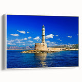 Vintage poster art of a scenic Crete landscape in vibrant colors on a framed canvas, ideal for living room decor.