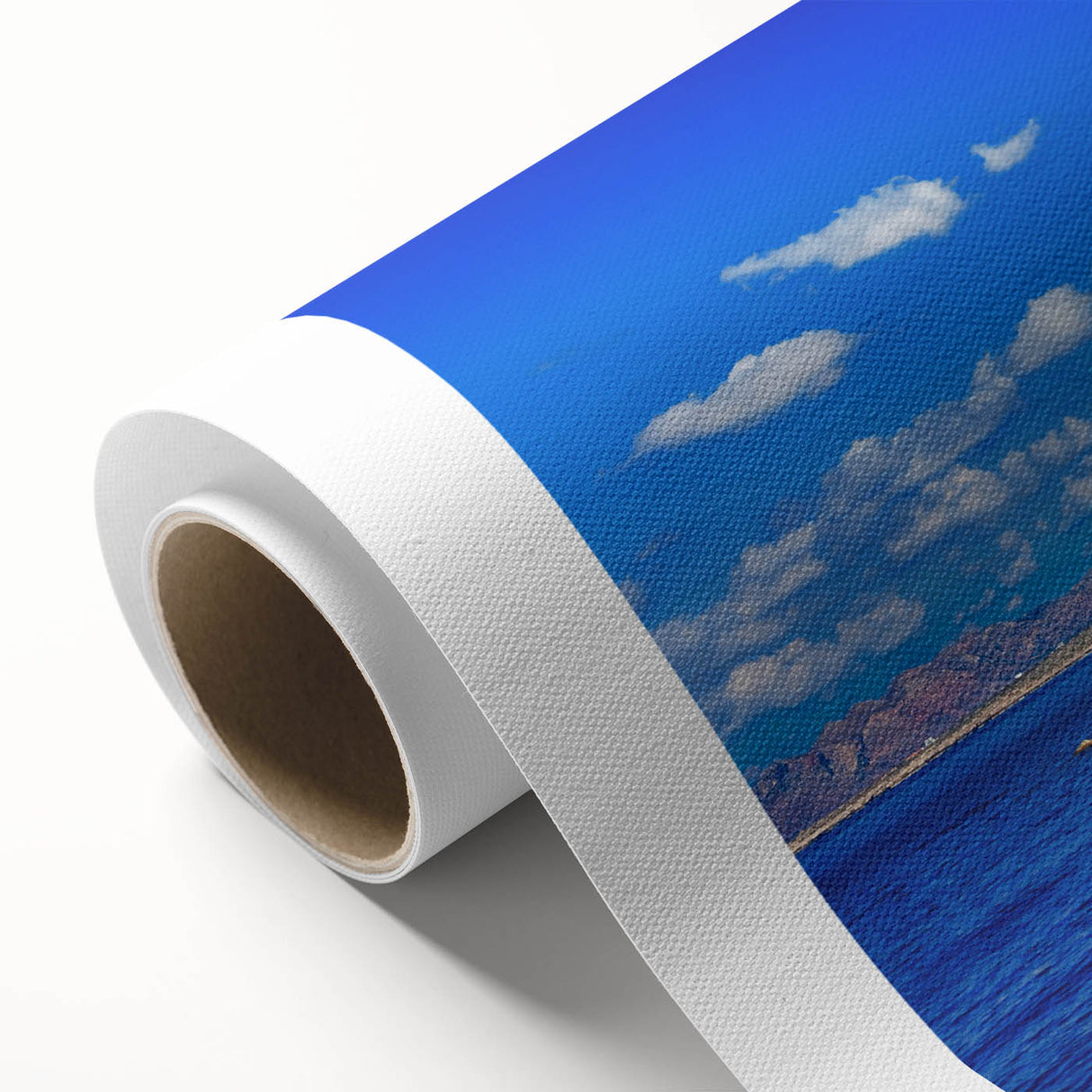 Art deco poster of Crete, Greece scenery in muted blue and white tones on rolled canvas, ideal for nursery wall art.