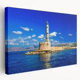 Large art print of a Crete, Greece landscape in muted earth tones on stretched canvas, suitable for kitchen wall art.