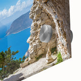 Acrylic glass print of a large abstract depiction of Rhodes, Greece, in mid-century modernist style.