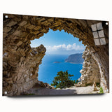 Acrylic print of a Rhodes, Greece landscape in cool blue and white tones, ideal for dining room decor.