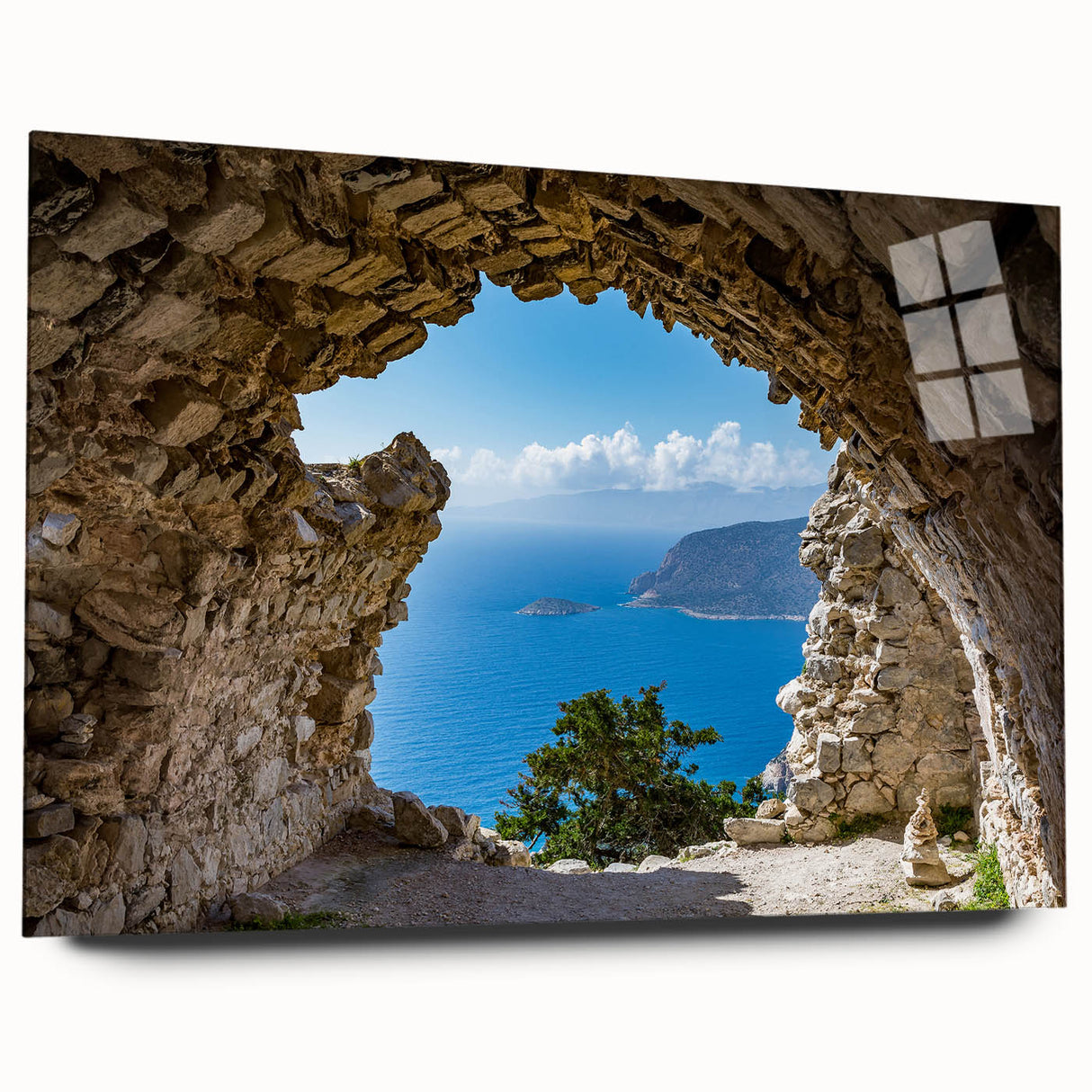 Acrylic print of a serene Rhodes, Greece landscape in cool blue tones, ideal for bedroom or dining room decor.