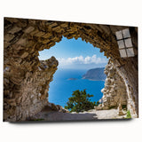 Acrylic print of a serene Rhodes, Greece landscape in cool blue tones, ideal for bedroom or dining room decor.