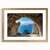 Abstract art print of Rhodes, Greece in muted gold and blue tones on a framed canvas, suitable for dining room decor.