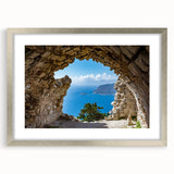 Extra large abstract art print of Rhodes, Greece in textured silver frame, ideal for living room decor.