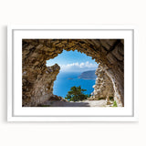 Textured art depicting an abstract Rhodes, Greece scenery in muted earth tones on a framed white mat.