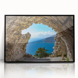 Large abstract wall art depicting a serene European landscape in muted earth tones on a black framed acrylic.