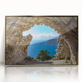 Art deco poster of Rhodes, Greece, in acrylic with gold frames, displaying muted earth tones.