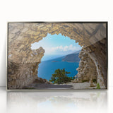 Large art print of Rhodes, Greece, in muted earth tones on framed acrylic, ideal for modern art wall decor.