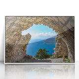 Mid-century modernist art of Rhodes, Greece in acrylic, featuring pastel shades, ideal for nursery wall art.