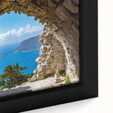 Extra large framed canvas of a textured, colorful Rhodes, Greece scenery in black, ideal for living room decor.