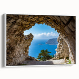 Vintage poster art of Rhodes, Greece, featuring colorful imagery on a large framed canvas, ideal for living room decor.