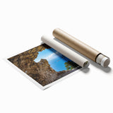 Rolled print of Rhodes, Greece scenery with floral elements in soft pastel colors, ideal for classy bathroom wall art.