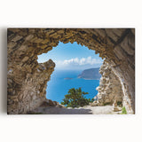 Black and white photograph of Rhodes, Greece on stretched canvas, ideal for kitchen wall art or bedroom decor.