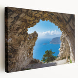 Large art print of Rhodes, Greece scenery in muted earth tones on stretched canvas, ideal for kitchen wall art.