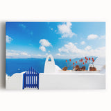 Black and white image of Santorini on stretched canvas, suitable for kitchen wall art.