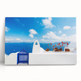Black and white photo of Santorini on stretched canvas, ideal for kitchen wall art.