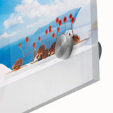 Acrylic print of a large abstract depiction of Santorini with vibrant blue and white tones, ideal for dining room art.