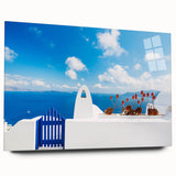 Acrylic print of Santorini landscape in muted blue and white tones, suitable for bedroom or dining room decor.