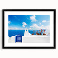 Extra large abstract art print of Santorini, featuring vibrant blue and white tones on a textured canvas.