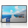 Large abstract wall art of Santorini scenery in a black acrylic frame, ideal for modern living room decor.