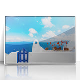 Framed acrylic print of Santorini landscape in pastel shades, ideal for modern art wall decor.
