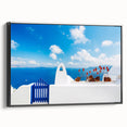 Black and white framed canvas of Santorini landscape, ideal for bedroom wall art in a vintage poster style.