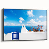 Black and white framed canvas of Santorini landscape, ideal for bedroom wall art in a vintage poster style.