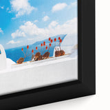 Framed canvas of a textured depiction of Santorini, Greece, with vibrant blue and white tones.