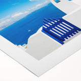 Art deco poster of Santorini with blue and white tones on rolled canvas, suitable for dining room wall art.